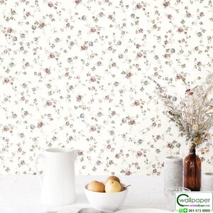 วอลเปเปอร์ติดผนังลายดอกไม้เล็กสีแดง พื้นสีขา