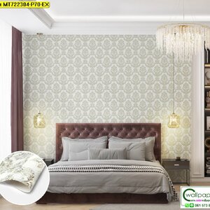 วอลเปเปอร์ลายไทยหลุยส์พื้นสีขาว ลายสีเงิน