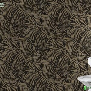 วอลเปเปอร์ติดผนังลายใบไม้สีทอง พื้นหลังสีดำ