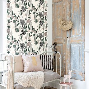 วอลเปเปอร์ติดผนังลายเสือดาว ใบไม้สีเขียว ชมพู Tropical wallpaper