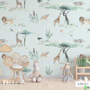 วอลเปเปอร์ห้องเด็กลายสวนสัตว์ พื้นหลังสีเขียวอ่อน