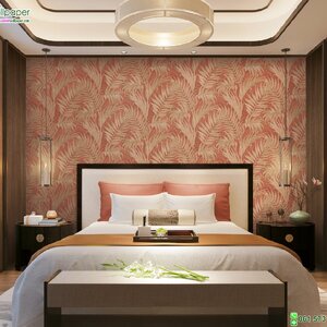 วอลเปเปอร์ติดผนังลายใบไม้ สีน้ำตาลส้ม แท็กเจอร์ผ้าปัก