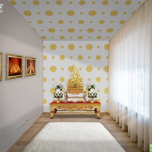 วอลเปเปอร์ลายไทยราคาถูกลายดอกดาว สีทองพื้นขาว