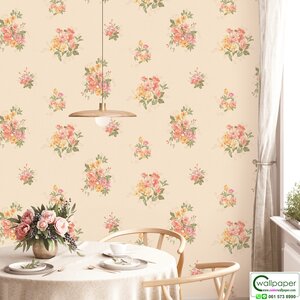 วอลเปเปอร์ลายดอกไม้สีส้มโอรส พื้นสีน้ำตาลอ่อน No.70506-3
