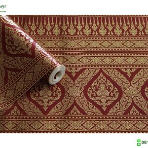 วอลเปเปอร์ติดผนังลายไทย ลายกรวยเชิงสีแดง