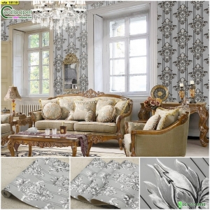 วอลเปเปอร์ติดผนังลายโคมไฟดอกไม้พื้นสีเงิน