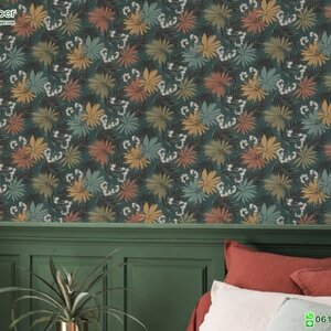 วอลเปเปอร์ติดผนังลายใบไม้ ดอกไม้ พื้นสีเขียว Tropical wallpaper