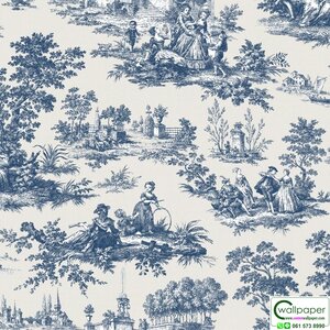 วอลเปเปอร์ลายวินเทจ สีน้ำเงิน พื้นสีครีม