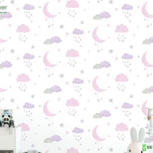 วอลเปเปอร์ลายก้อนเมฆ ดวงจันทร์ สีชมพูม่วง