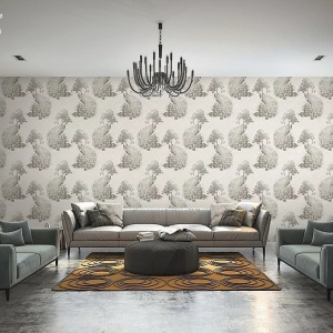 วอลเปเปอร์ลายนกยูง สีขาว เทา