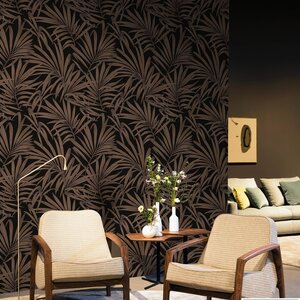 วอลเปเปอร์ลายใบไม้สีทอง ส้ม พื้นดำ No.VRD20111