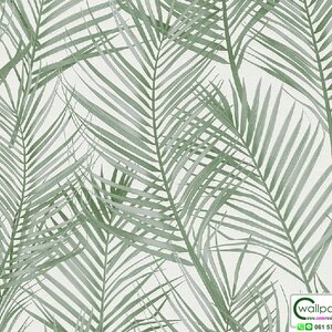วอลเปเปอร์ลายใบไม้สีเขียว พื้นสีขาว สไตล์ทรอปิคอล