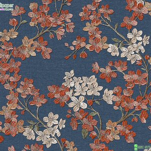วอลเปเปอร์ติดผนังลายดอกไม้ พื้นหลังสีน้ำเงิน แท็กเจอร์ผ้าปัก
