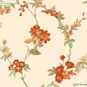 วอลเปเปอร์ลายดอกไม้สีส้ม พื้นหลังสีครีม แท็กเจอร์ผ้า