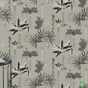 วอลเปเปอร์ติดผนังลายต้นปาล์ม สีขาวดำ พื้นสีเทา Tropical wallpaper