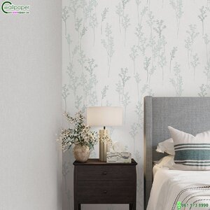 วอลเปเปอร์ติดผนังลายใบไม้สีฟ้าพื้นหลังสีเทา