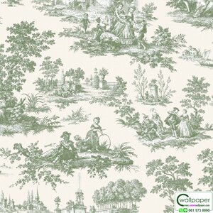 วอลเปเปอร์ลายวินเทจ สีเขียว พื้นสีครีม