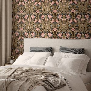 วอลเปเปอร์ลายดอกไม้สีชมพู พื้นสีเทา No.82569-01