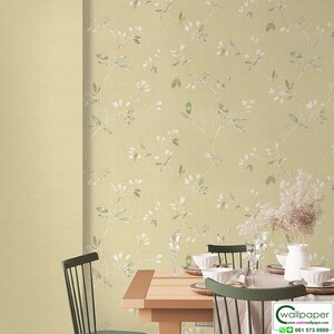 วอลเปเปอร์ลายดอกไม้ สีเทาครีม พื้นสีเขียวขี้ม้าอ่อน No.10318-4
