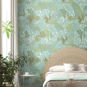 วอลเปเปอร์หน้ากว้าง 1 เมตร ใบไม้พื้นหลังสีเขียว