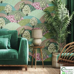 วอลเปเปอร์ลายต้นไม้ป่าไม้ โทนสีเขียวเข้มปนชมพู