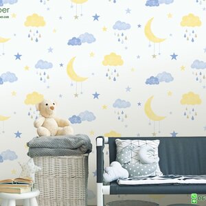 วอลเปเปอร์ลายก้อนเมฆ ดวงจันทร์ สีฟ้าเหลือง